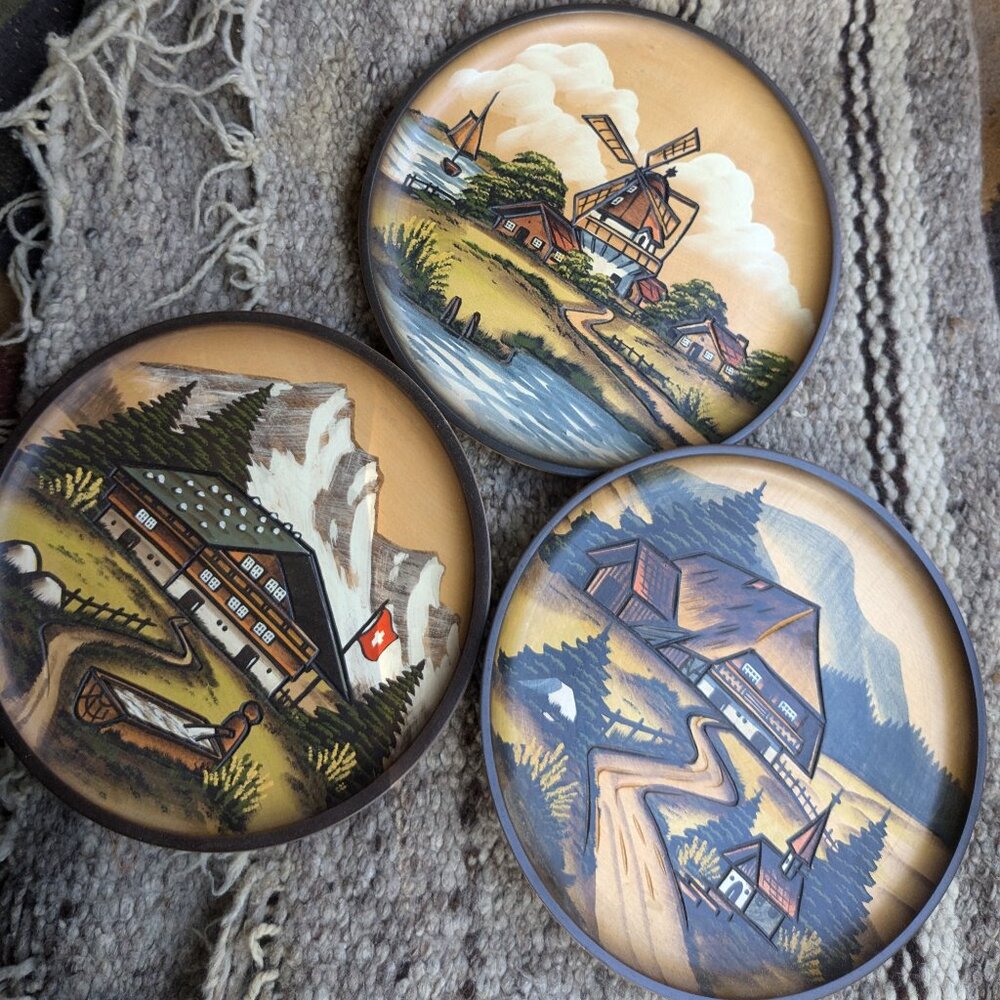 Set of 3 Pfaff hand carved German decorative wooden plates